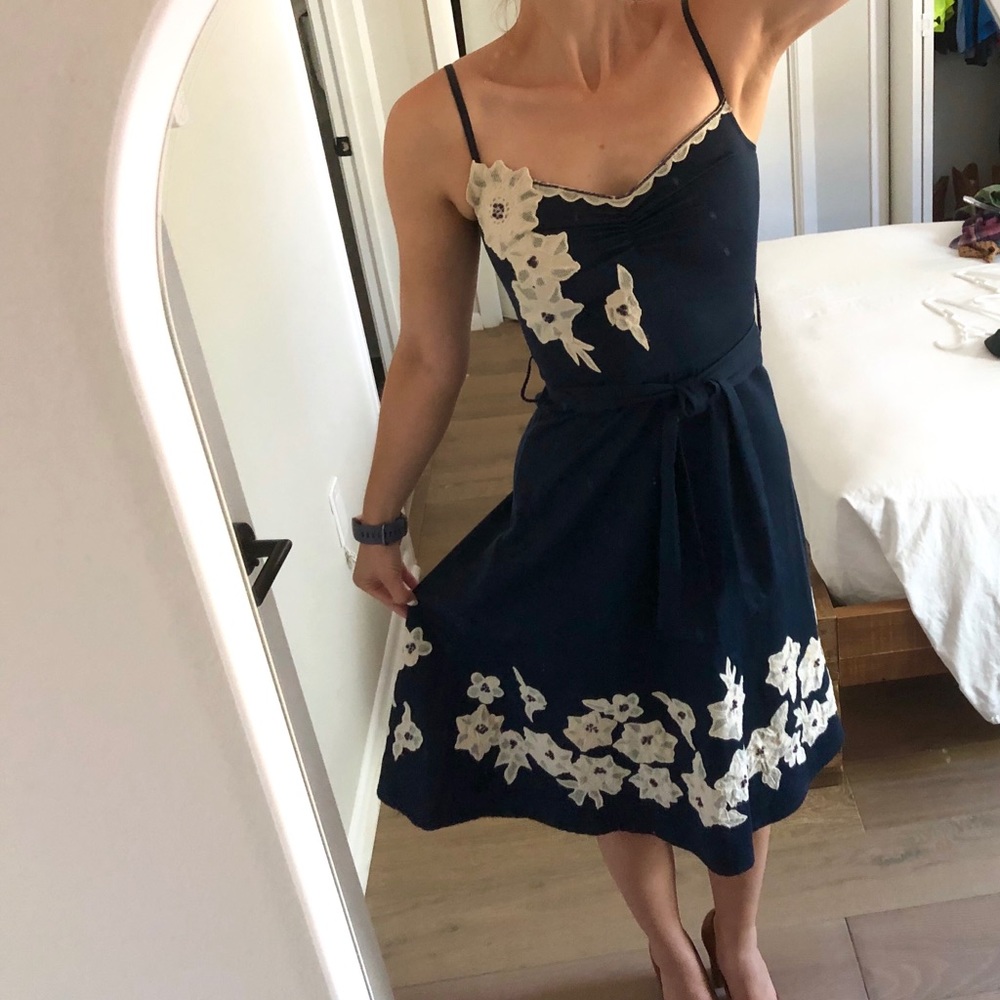 Anthropologie Bead & Lace Navy Floral Tea Dress